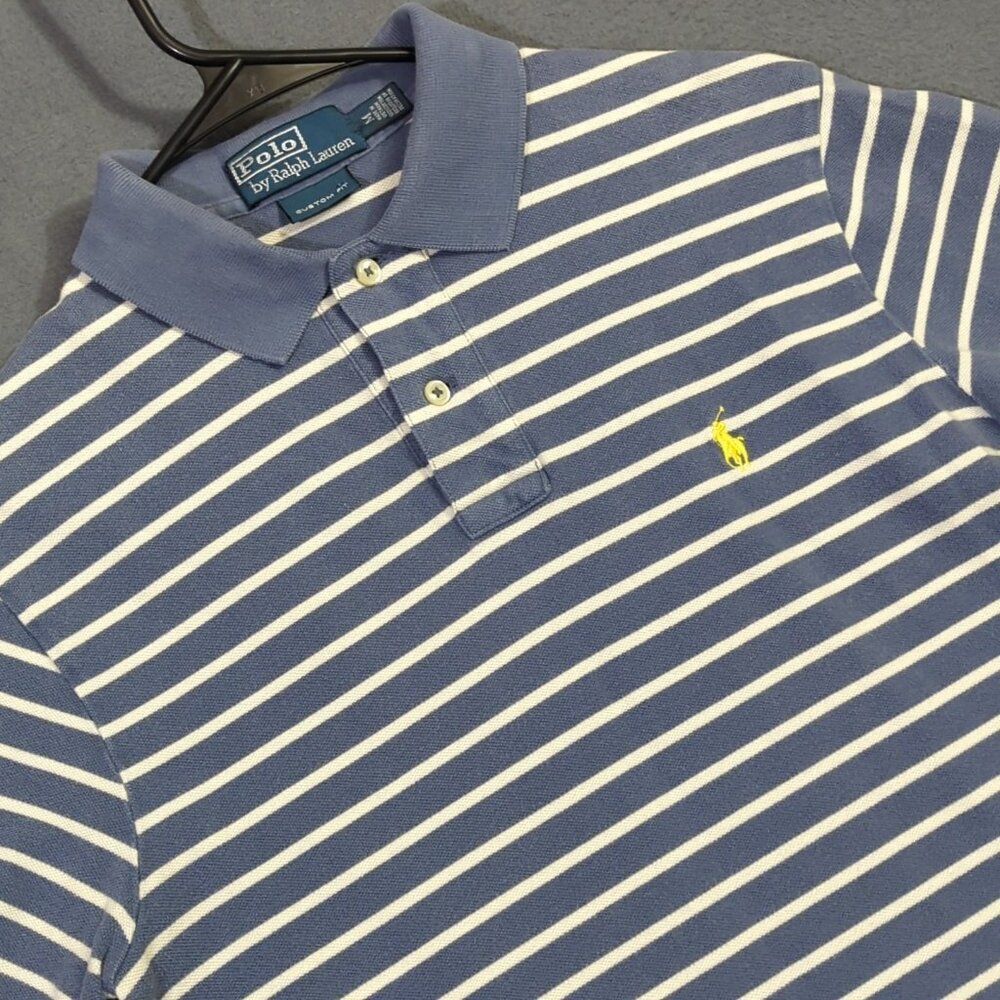 Polo Ralph Lauren Shirt Men's M Blue Striped Short Sleeve Cotton Polo Custom Fit